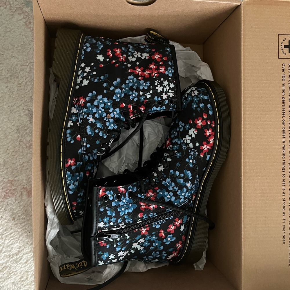 Dr. Martens Black Boots with Red and Blue Floral Design